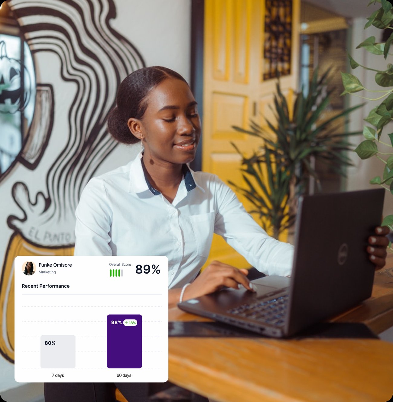 Funke Omisore working, with performance card overlay